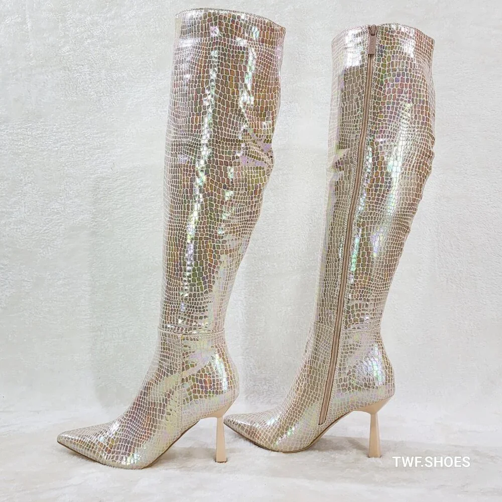 Sharp Champagne Cream Hologram Snake Print High Heel Knee Boots